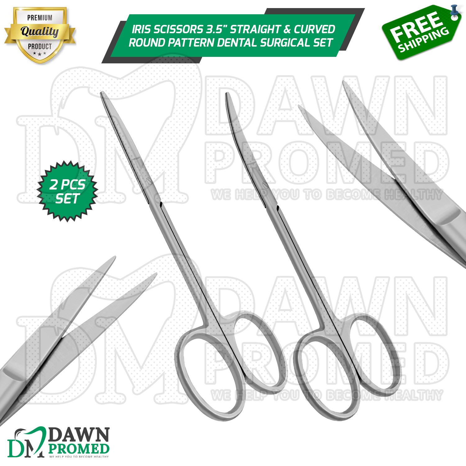 2 Pcs Iris Scissors 3.5” Straight & Curved Round Pattern Dental Surgical Set