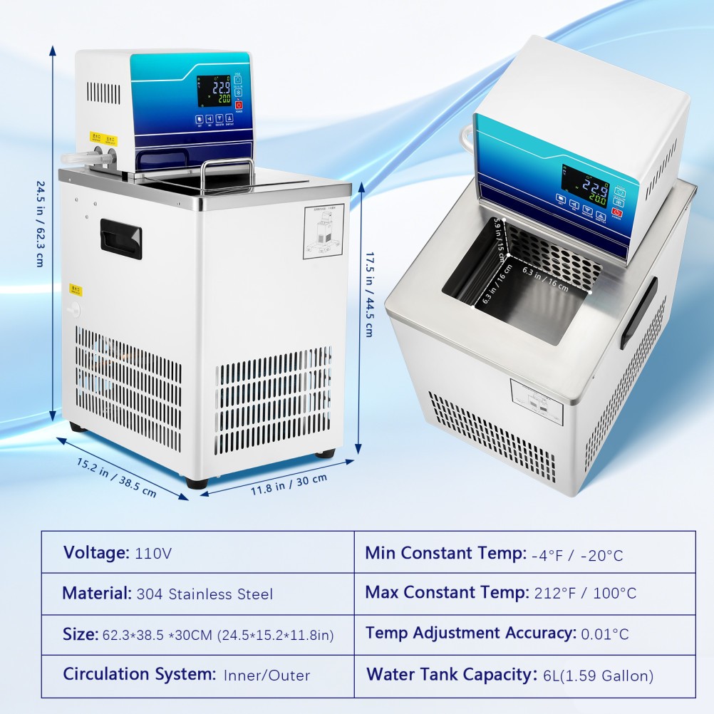 Lab Chiller Circulator 6L -20℃ 100℃ 110V Recirculating Cooling Water Bath Pump