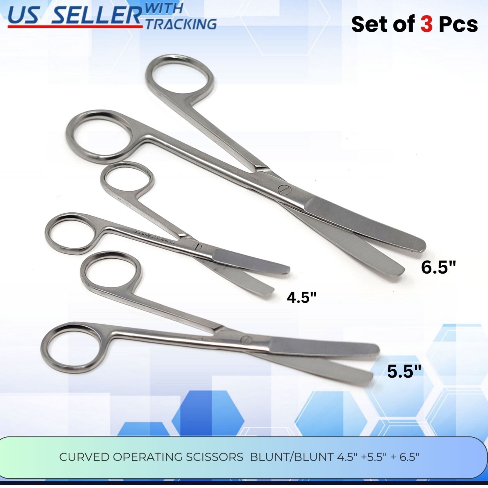 3 Operating Scissors 4.5″+5.5″+6.5″ Curved Blunt/ Blunt Surgical Instruments