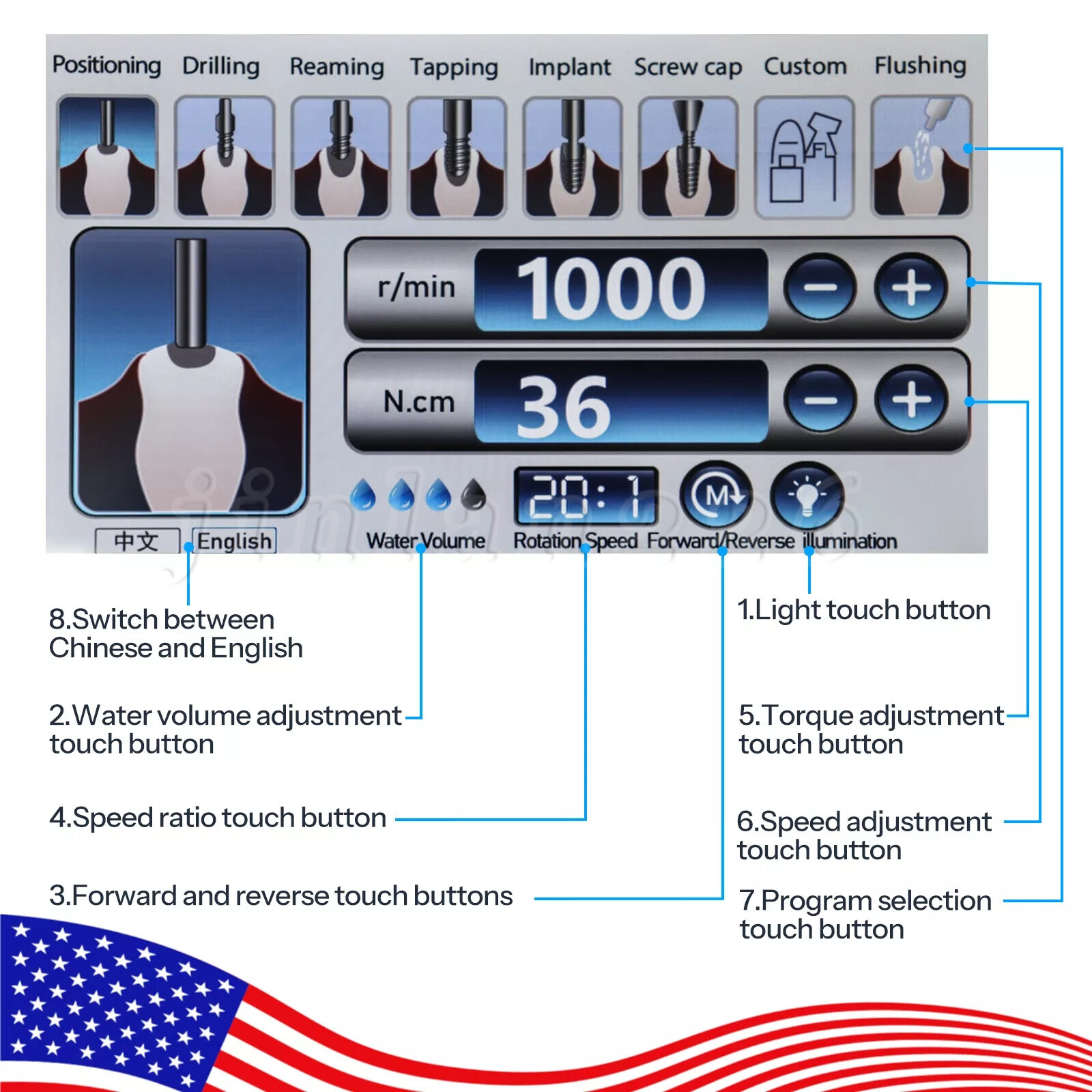 Dental Implant Surgical Brushless Motor Touch Screen with LED 20:1 Contra Angle
