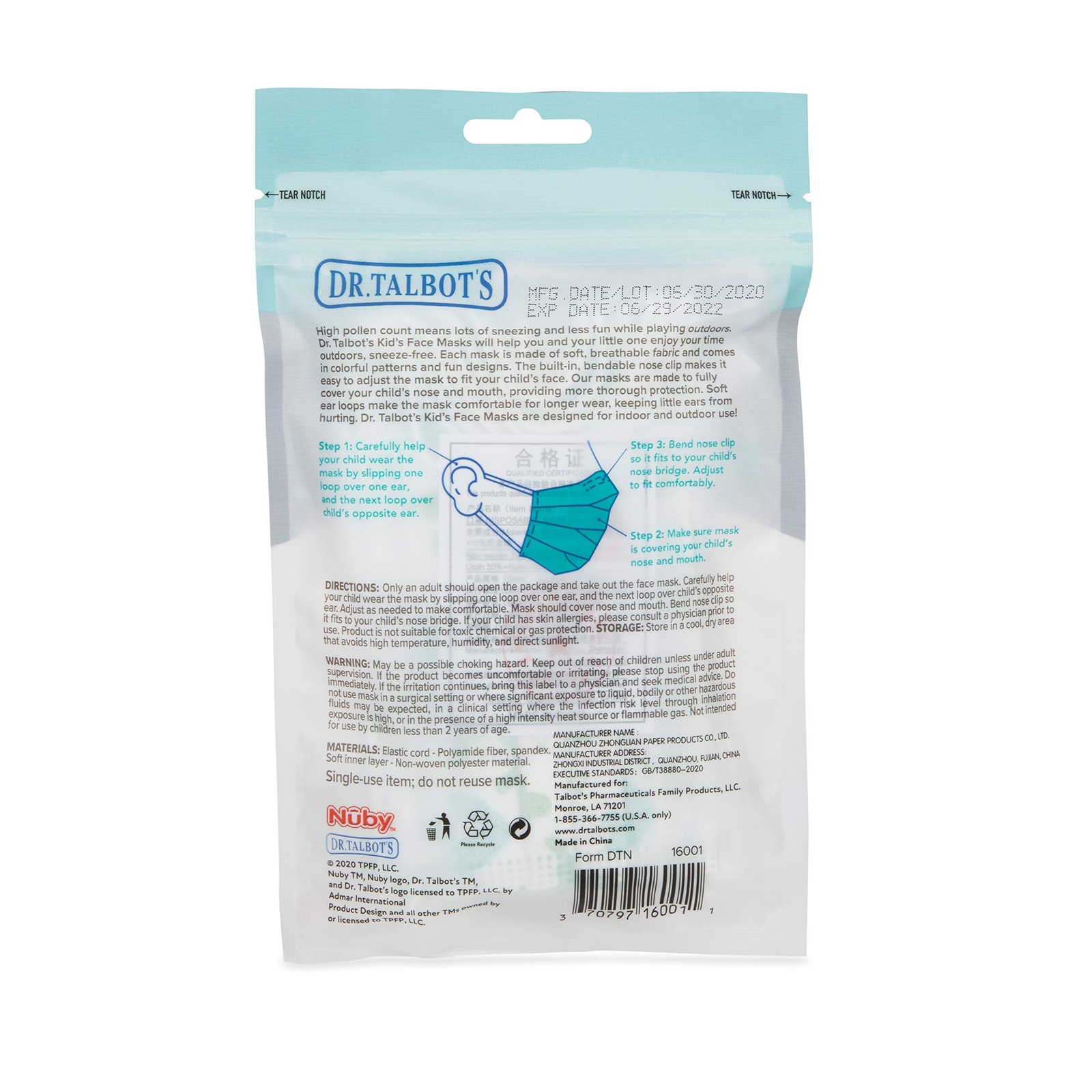 Dr. Talbot’s Disposable Protective Face Masks Boys 2-5 Years 10-Count