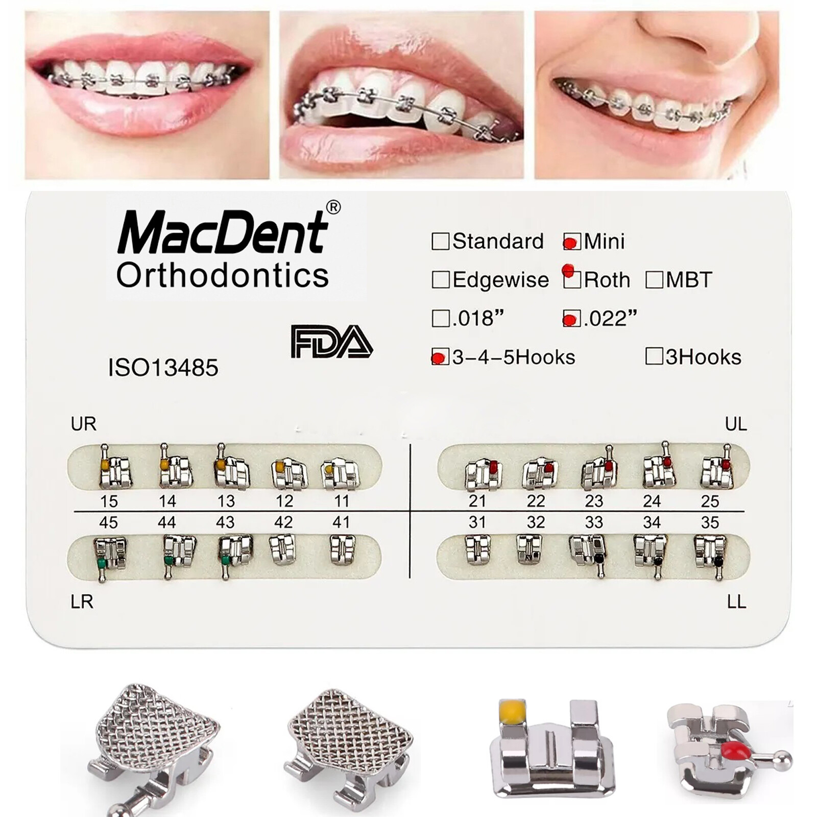MacDent Dental Orthodontic Metal Brackets Braces Mini Roth.022 Hooks 345