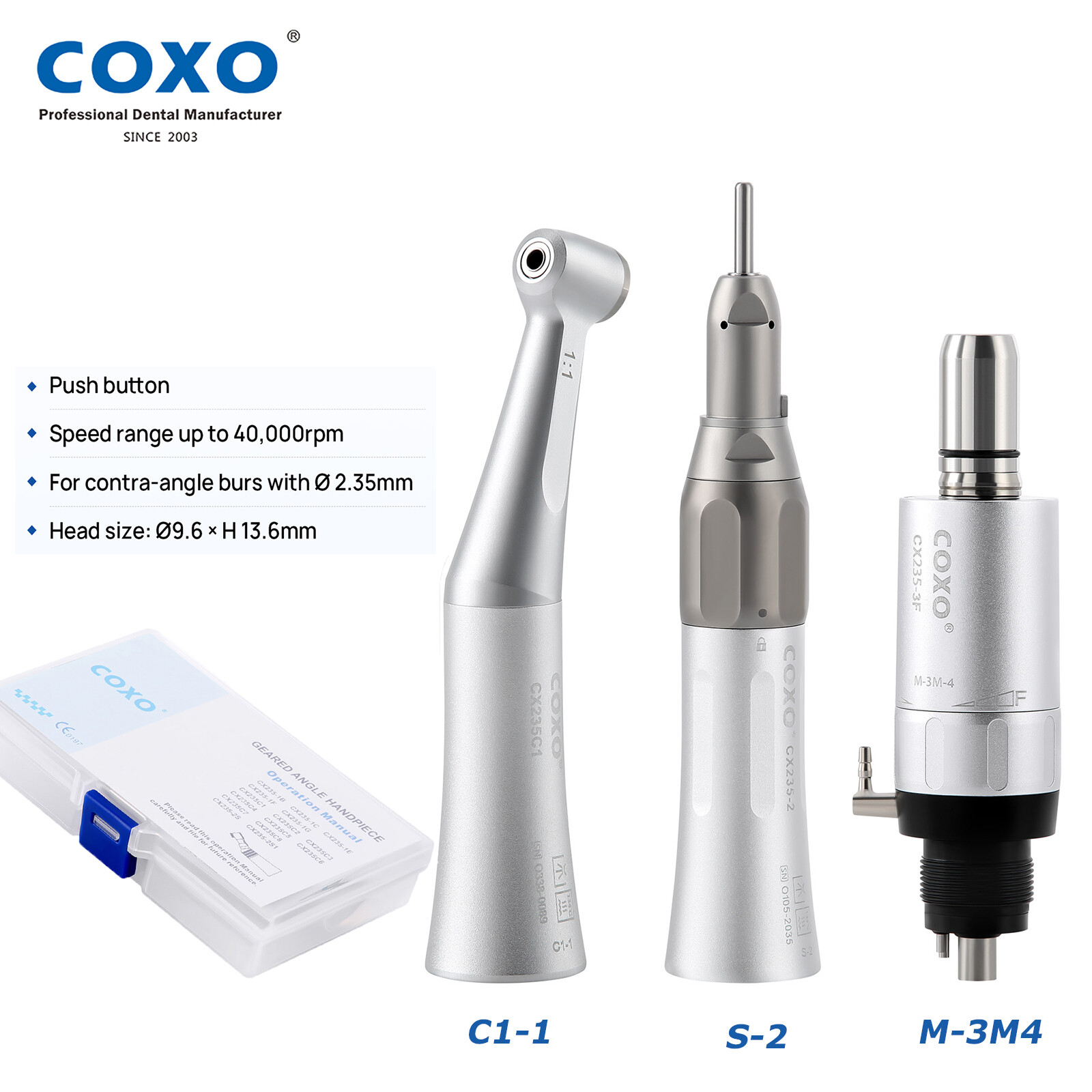 COXO Dental Low Slow Speed Handpiece Air Motor 4 Hole 1:1 Straight Contra Angle