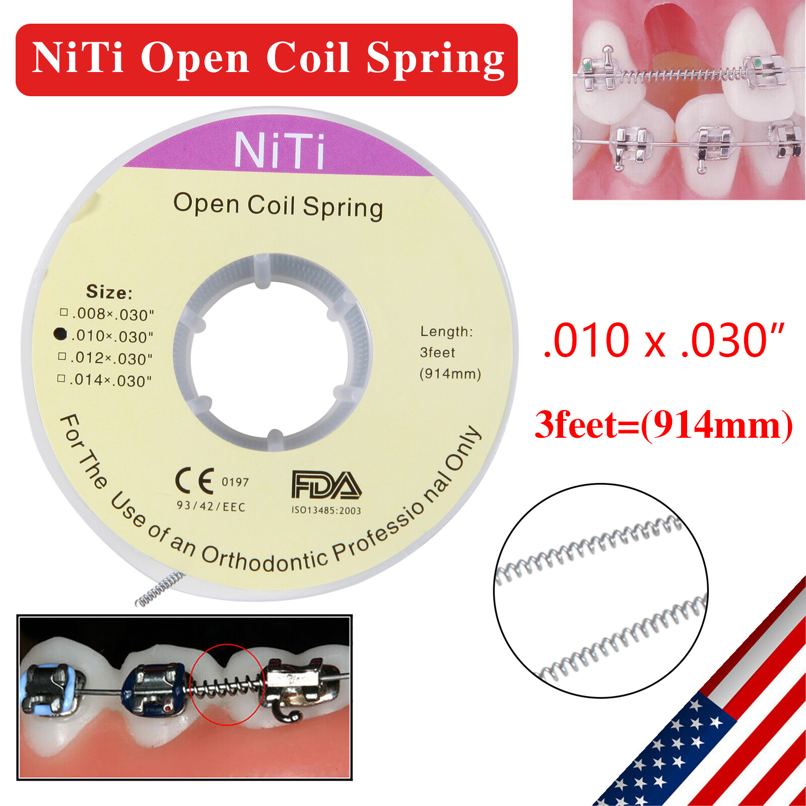 Dental Orthodontic Niti Open Coil Spring Spool Dia.010 Inch 914 mm 3 Feet po