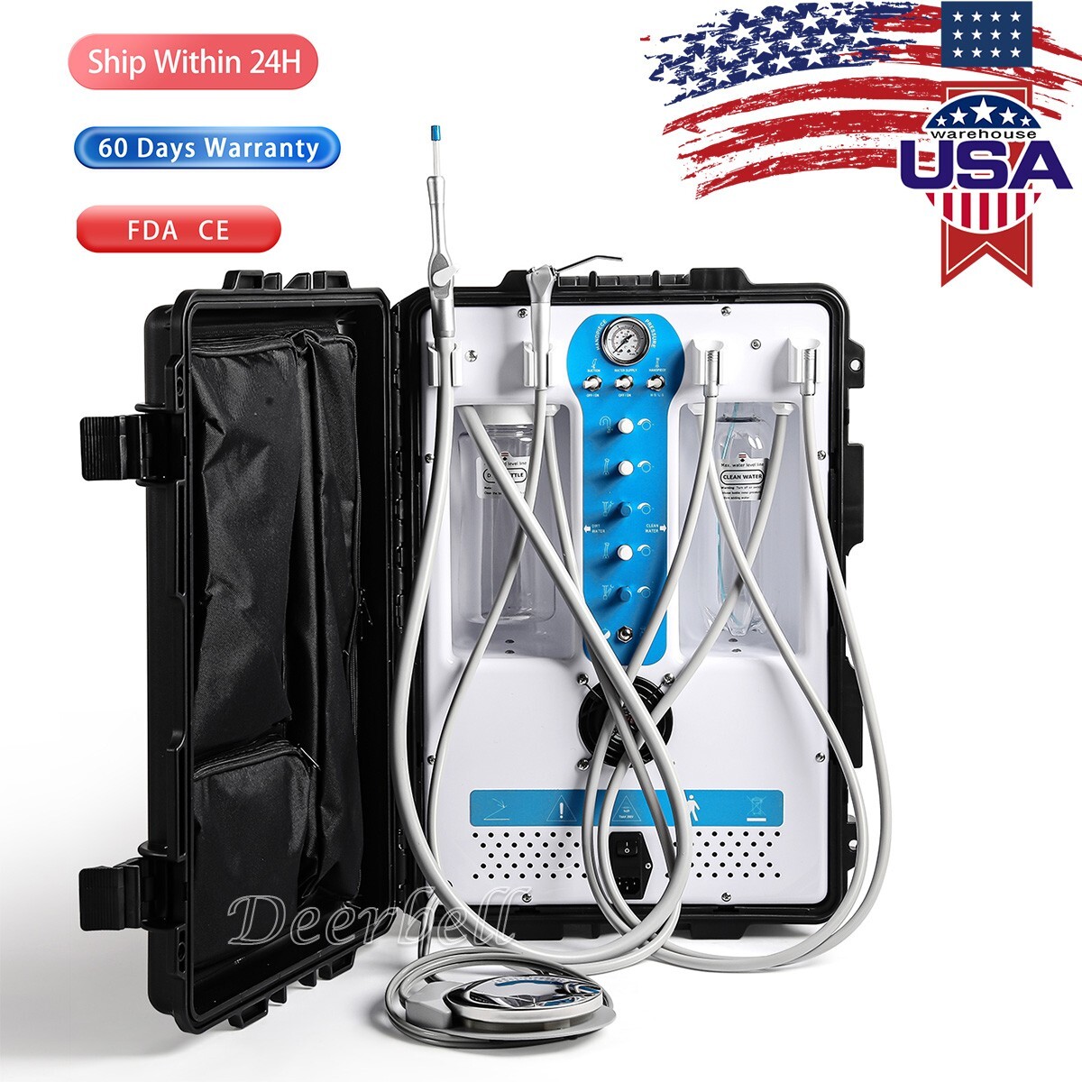 P204S Mobile Portable Dental Unit System Built-in Air Compressor Rolling Case CE