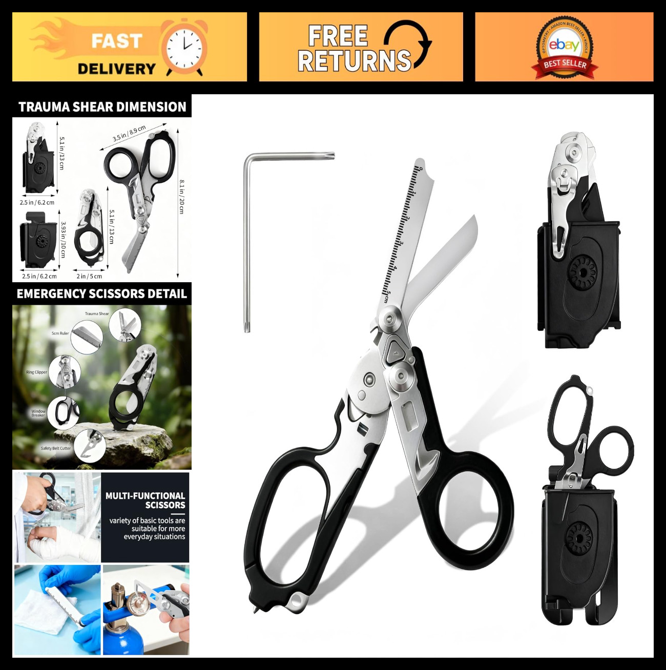 Multi-Function Folding Trauma Shears – 6 in 1 EMT Medical Tools with Holster for