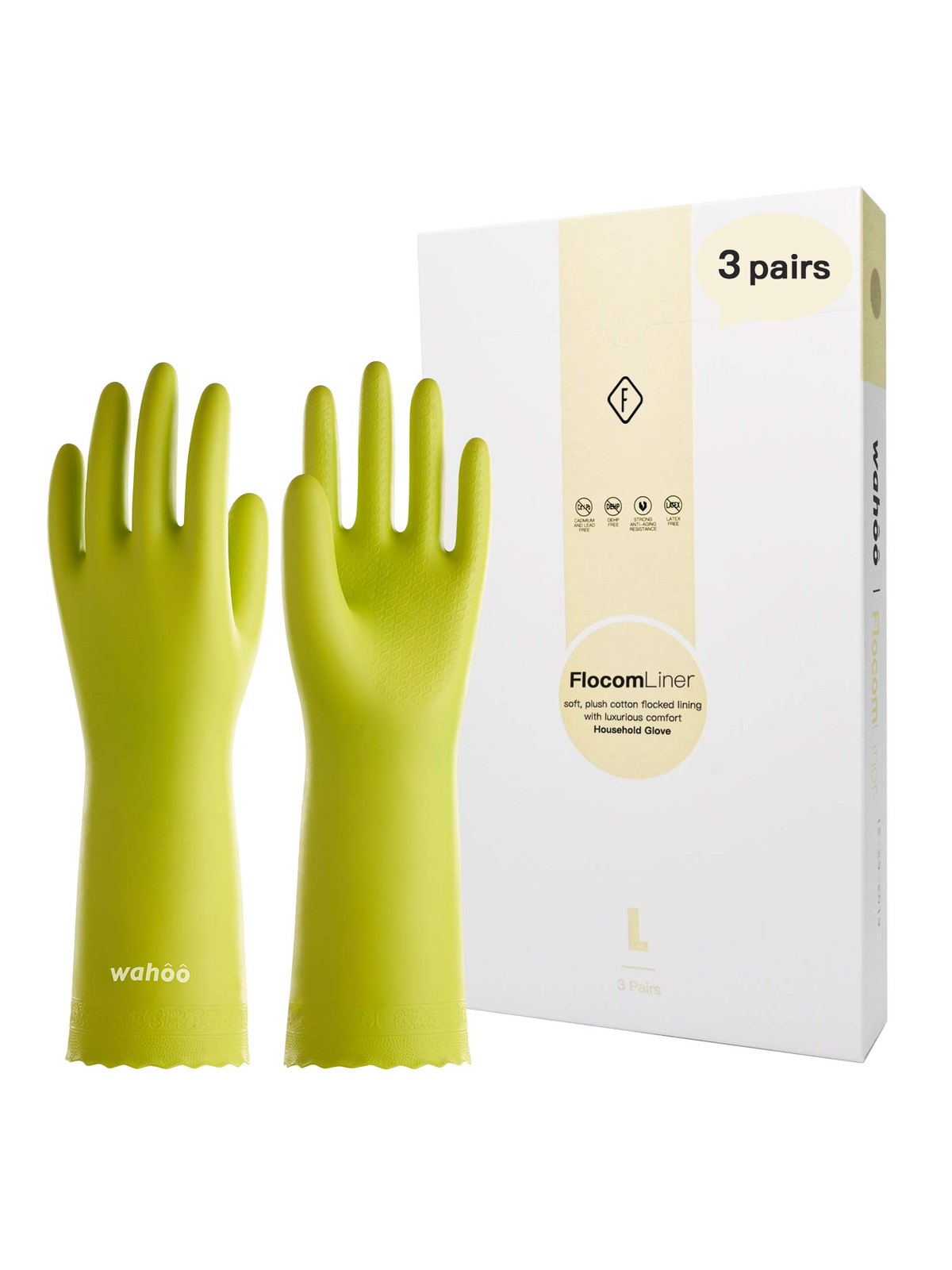 LANON Reusable Dishwashing Gloves, Cotton Lined, Non~Slip, Large, 3 Pairs