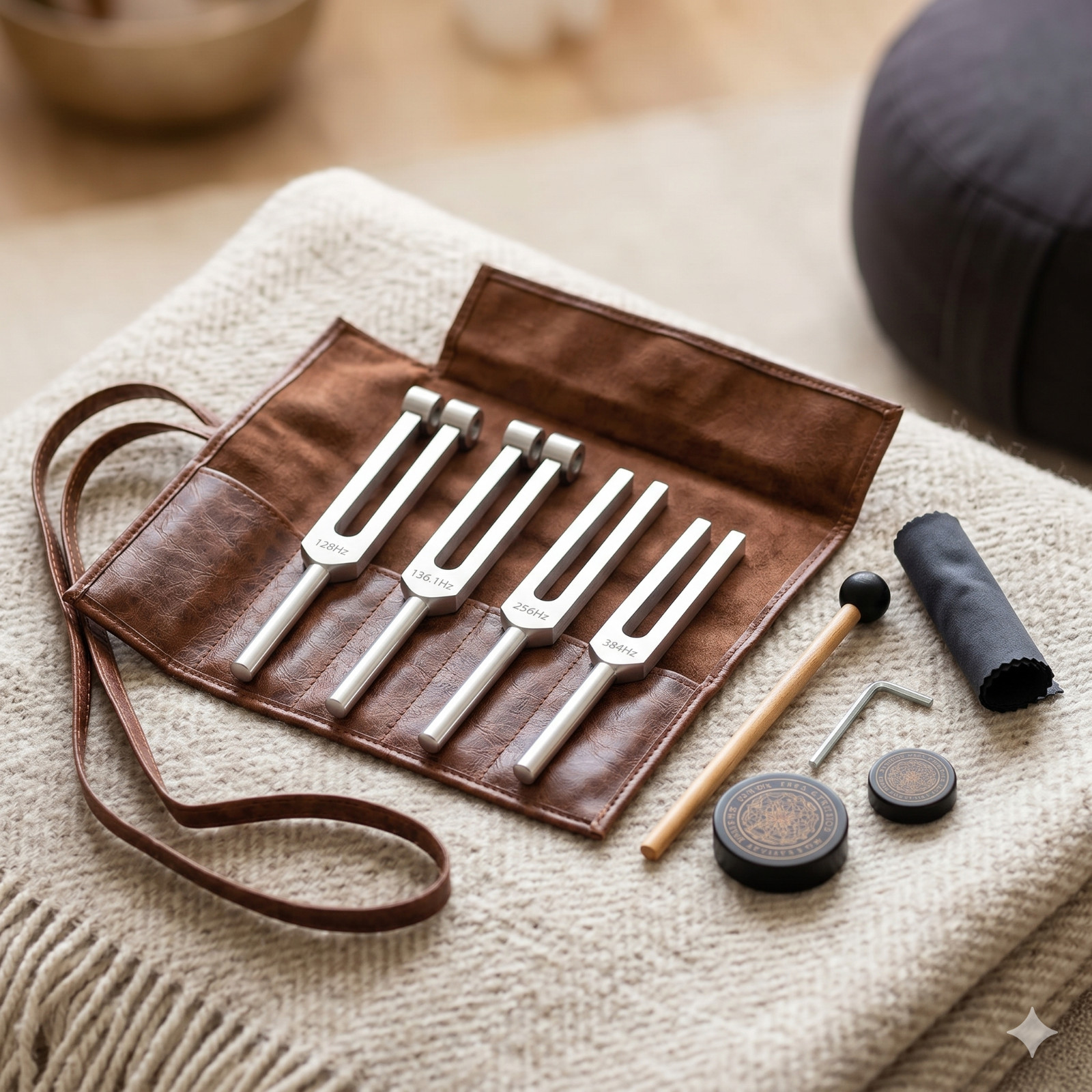 Complete Tuning Fork Set 128/136.1/256/384Hz Meditation Sound Healing, Mallet