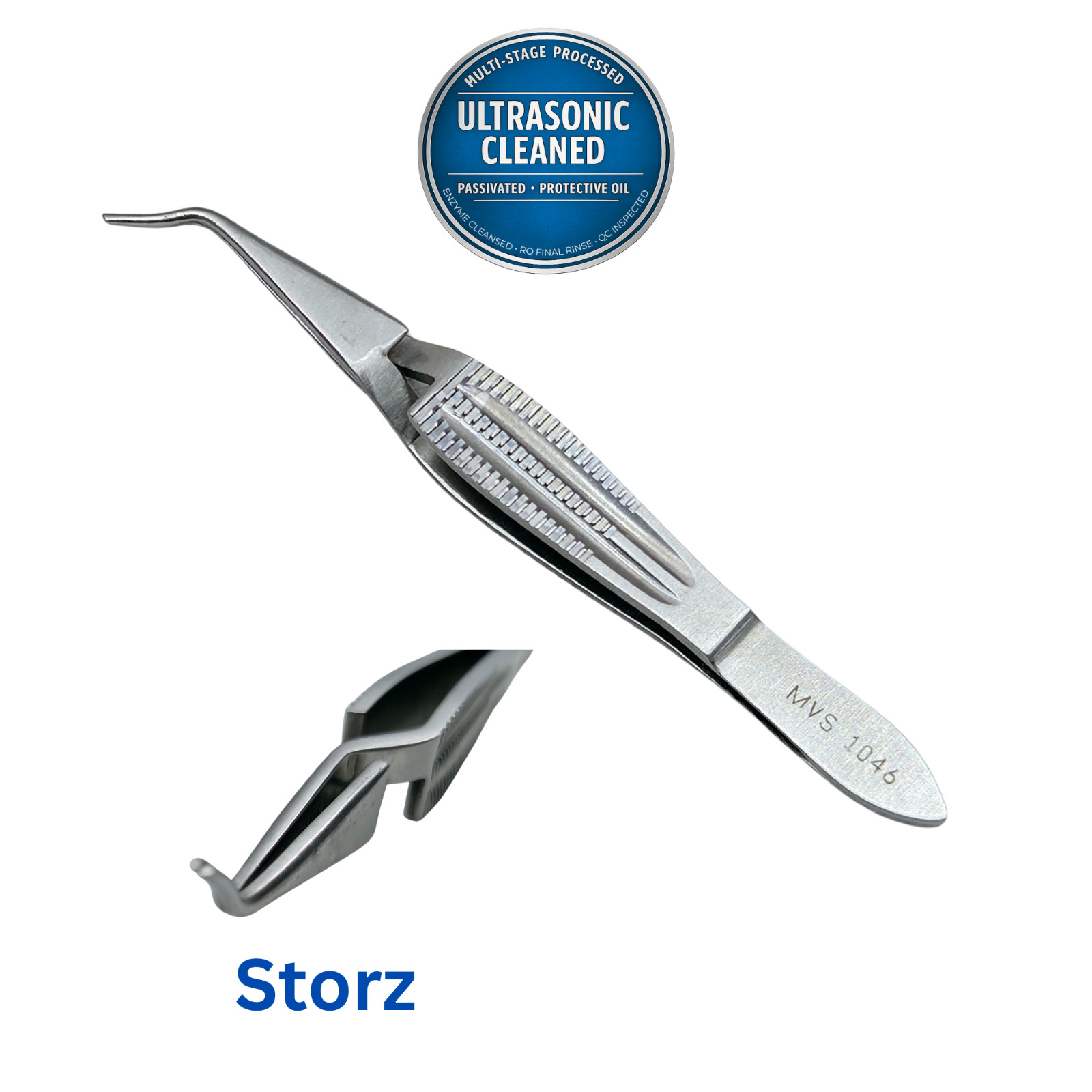 Storz MVS 1046 Scleral Plug Forceps, Curved, 4.25″ – Ultrasonically Cleaned