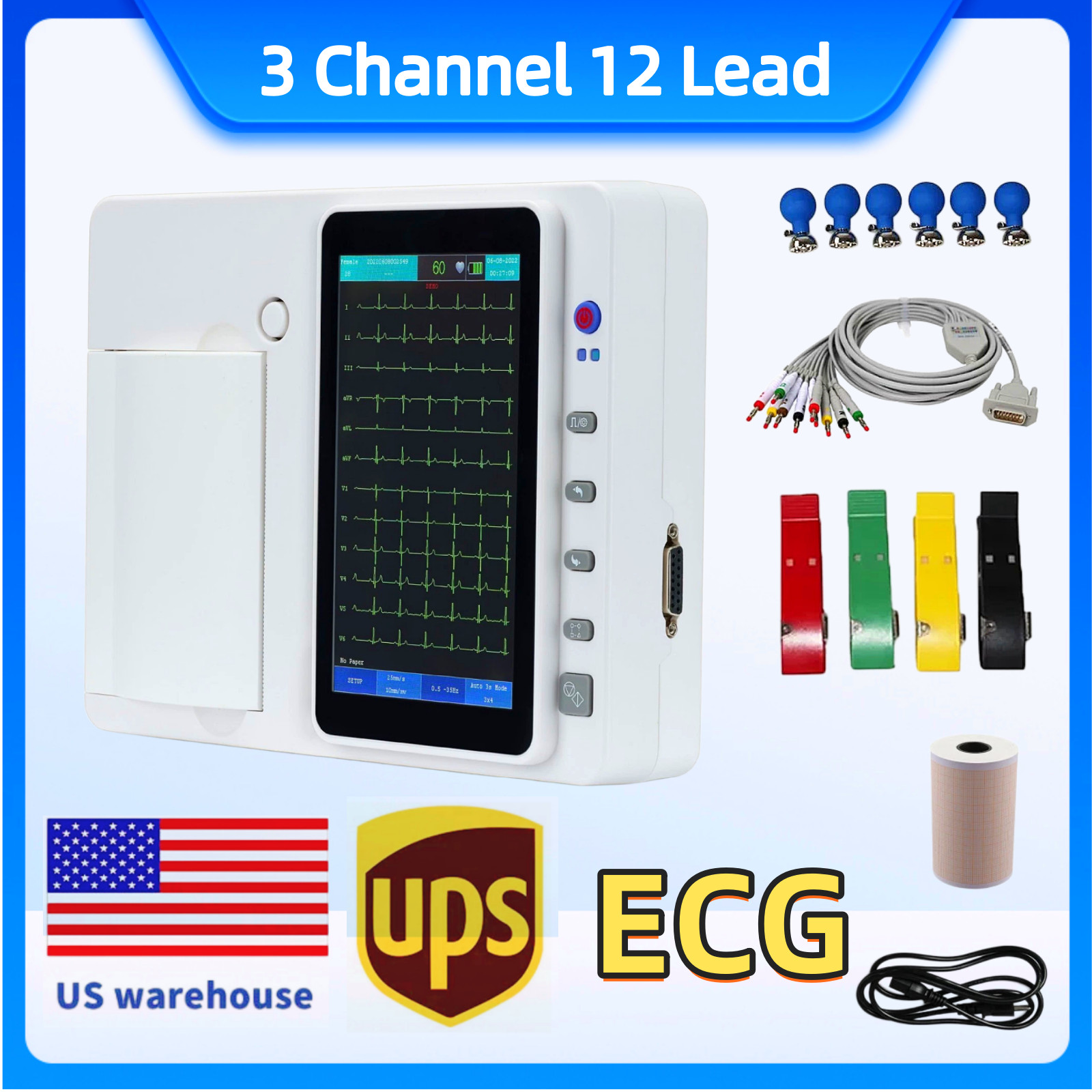 US Warehouse 12-Lead ECG 7″ Color Touch Screen 3-Channel Electrocardiograph