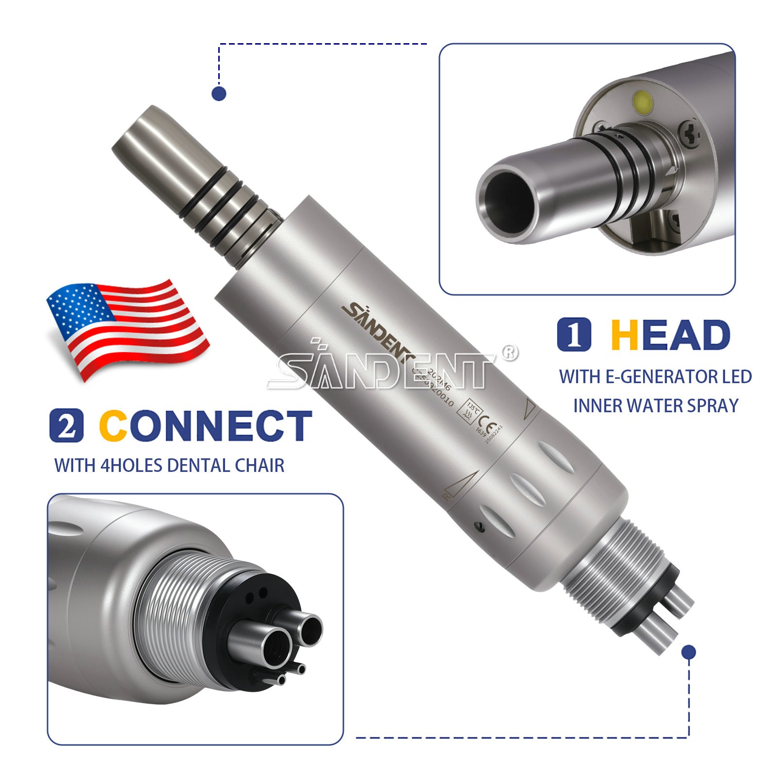 Dental Internal Water Spray Low Speed Air Motor Handpiece 4Hole E-generator LED