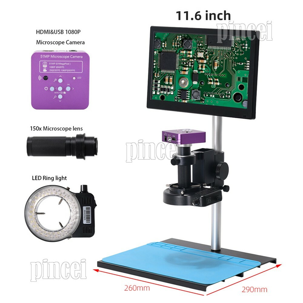NEW 51MP Digital Microscope Camera w/ 150X C Mount Lens 11.6″ LCD Metal Stand