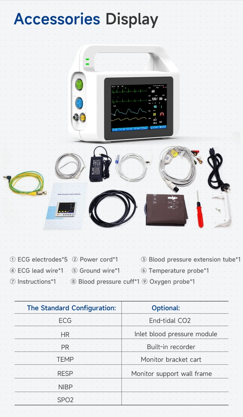 US Stock 5″ TouchScreen Portable 6-parameter Patient Monitor Vital Signs Monitor
