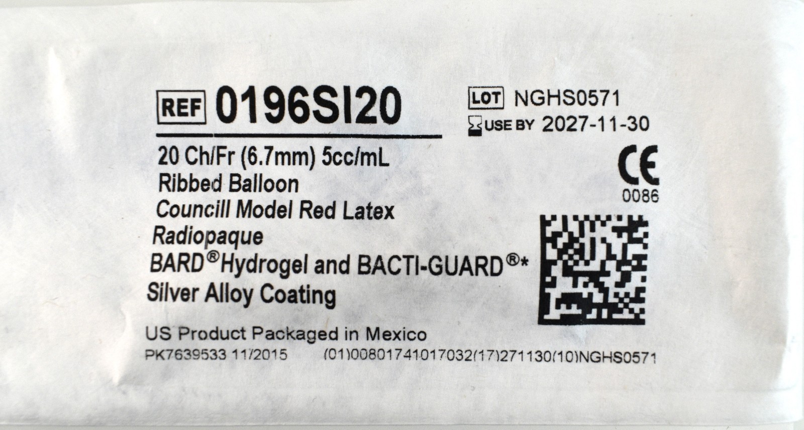 Bard 20Ch/Fr (6.7mm) 5cc/mL Ribbed Balloon #0196SI20 Exp Date 2027-11-30