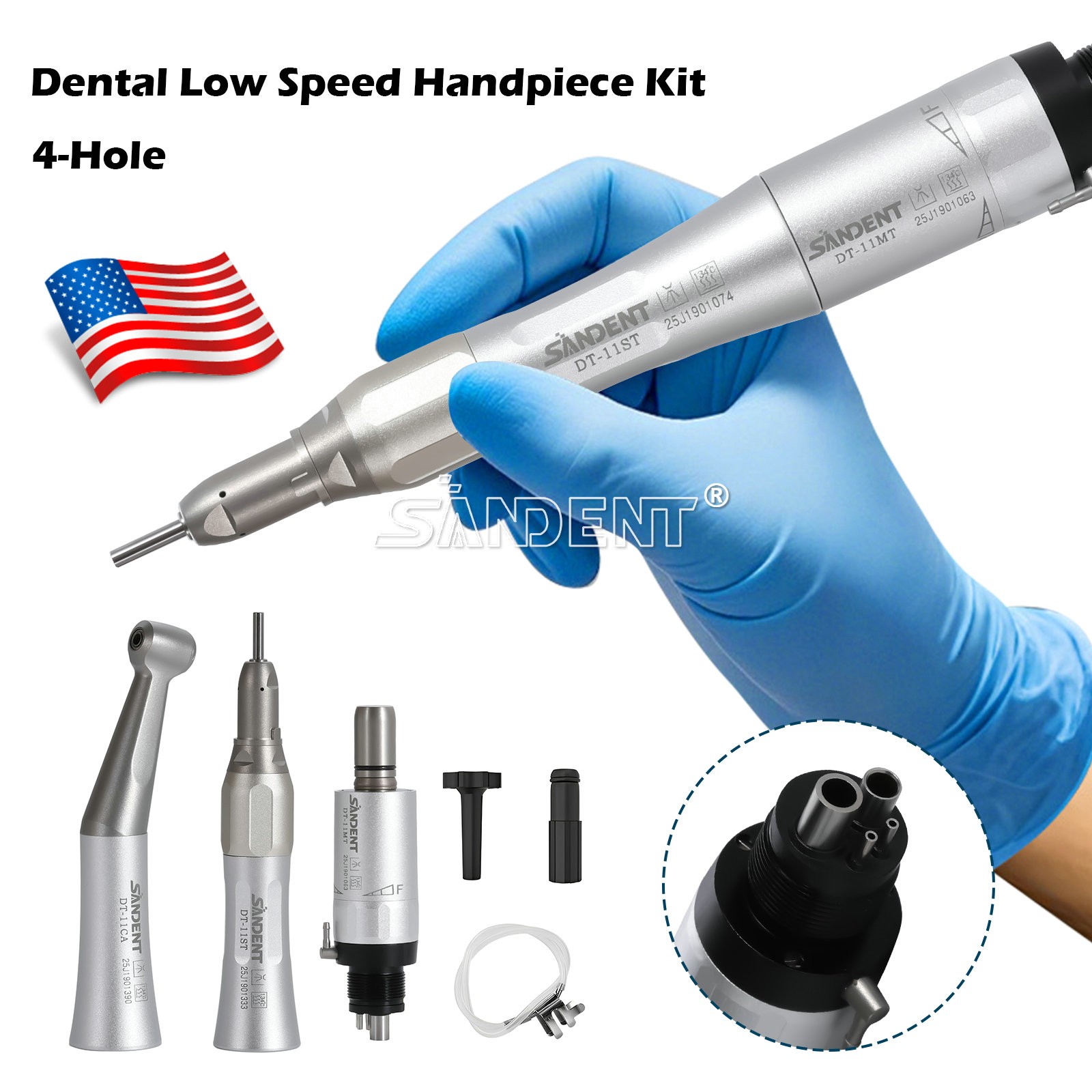 Dental Low Speed Handpiece Kit 4H Contra Angle Straight Air Motor External Spray