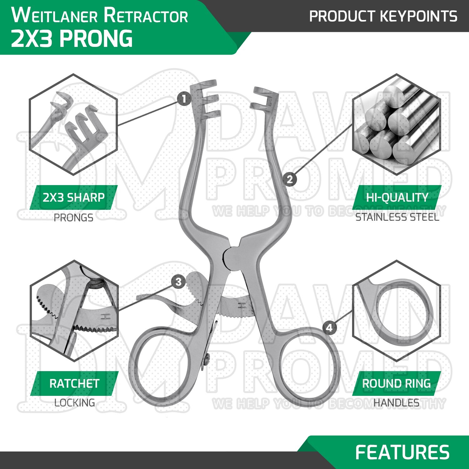 Weitlaner Retractor 4.5″ 2×3 Prong Sharp Surgical Veterinary Instrument German G