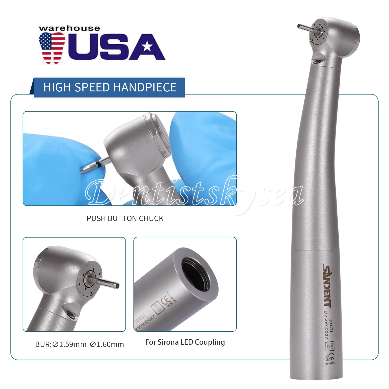 USA High Speed Handpiece Fiber Optic LED 4 way spray 4 air clean head Fit Sirona