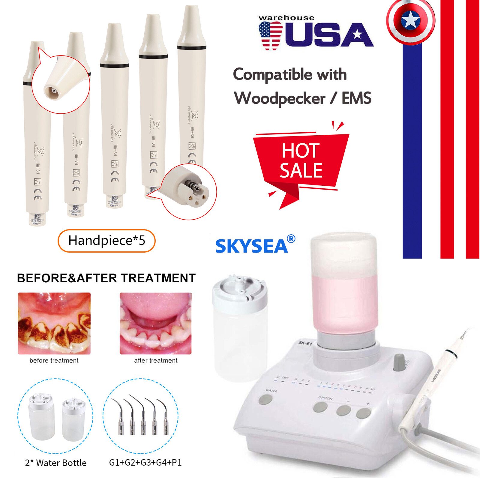 Dental Ultrasonic Piezo Scaler +2 Bottles fit EMS Cavitron /5*Handpiece CZ