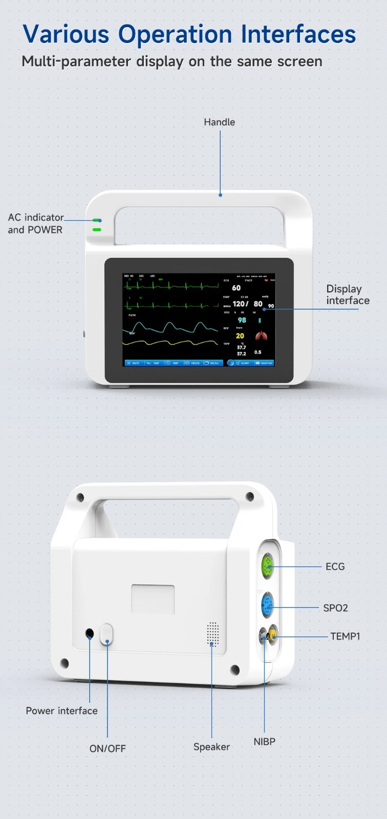 US Stock 5″ TouchScreen Portable 6-parameter Patient Monitor Vital Signs Monitor