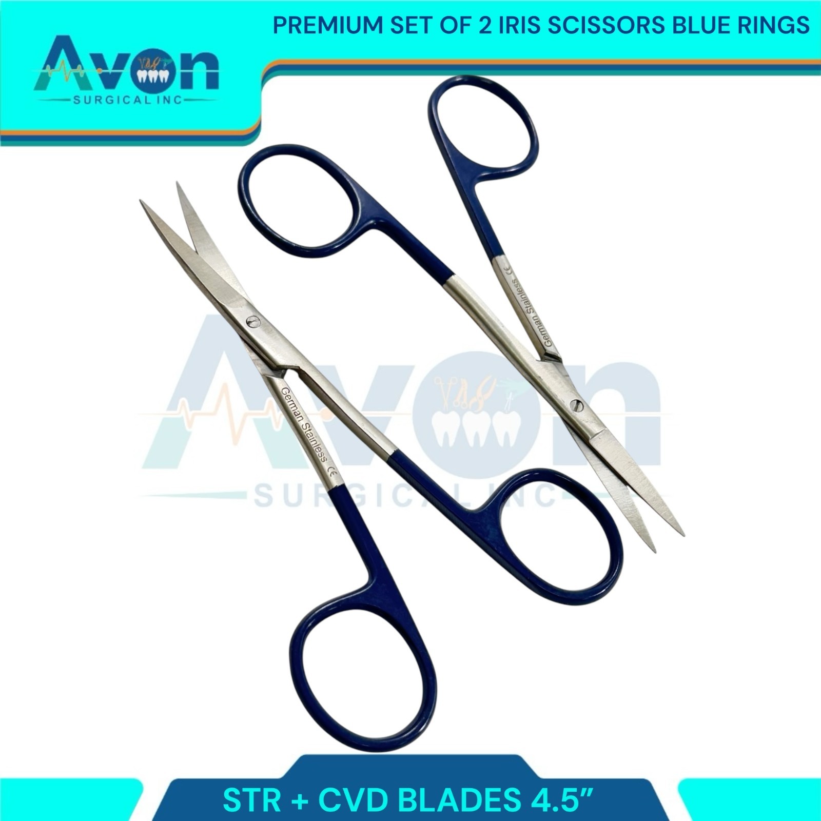 2pcs Premium Dissecting Iris Scissors with Sharp Points, Curved+Straight – 4.5in