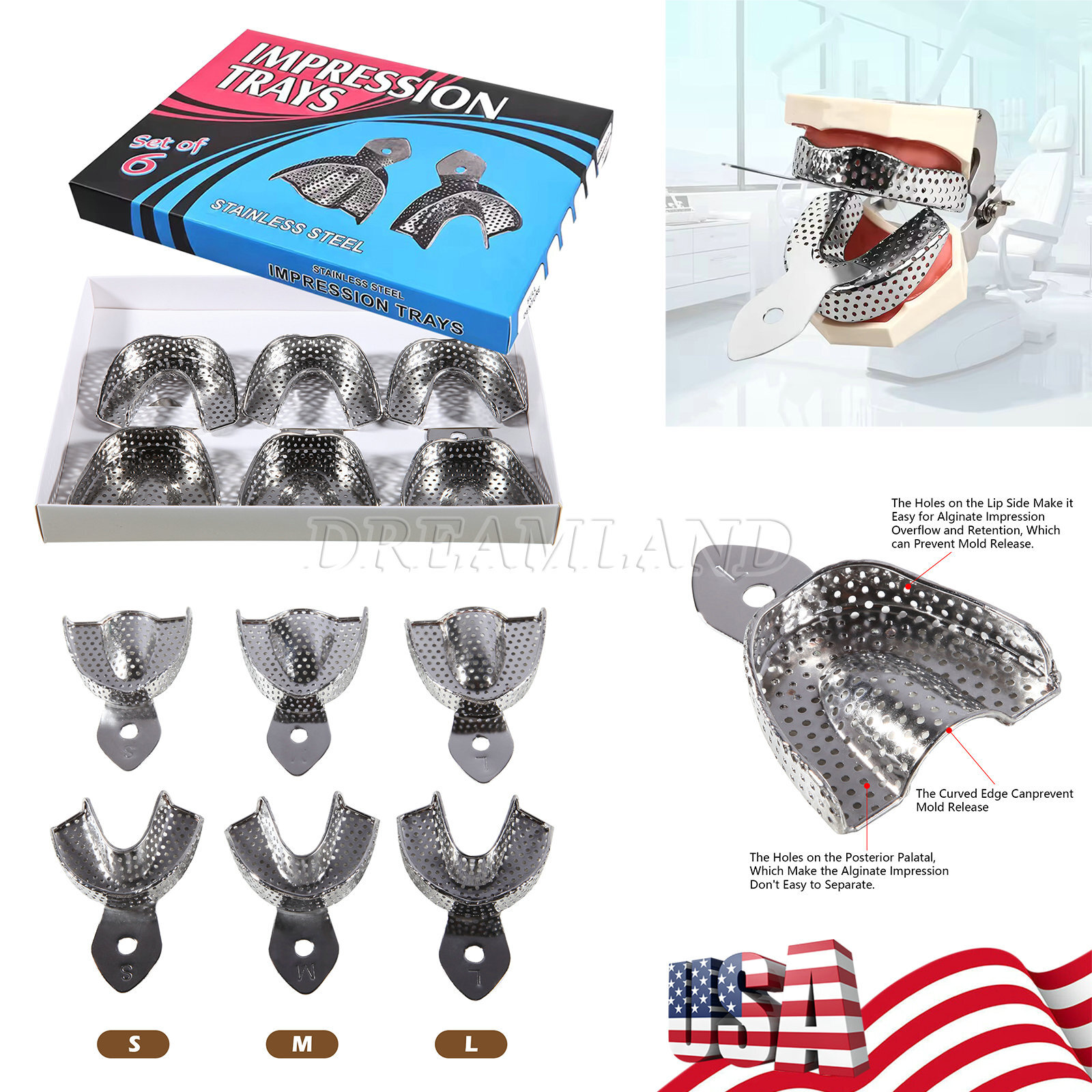 6 Pcs Perforated Metal Dental Impression Trays Set Edentulous Instruments CE