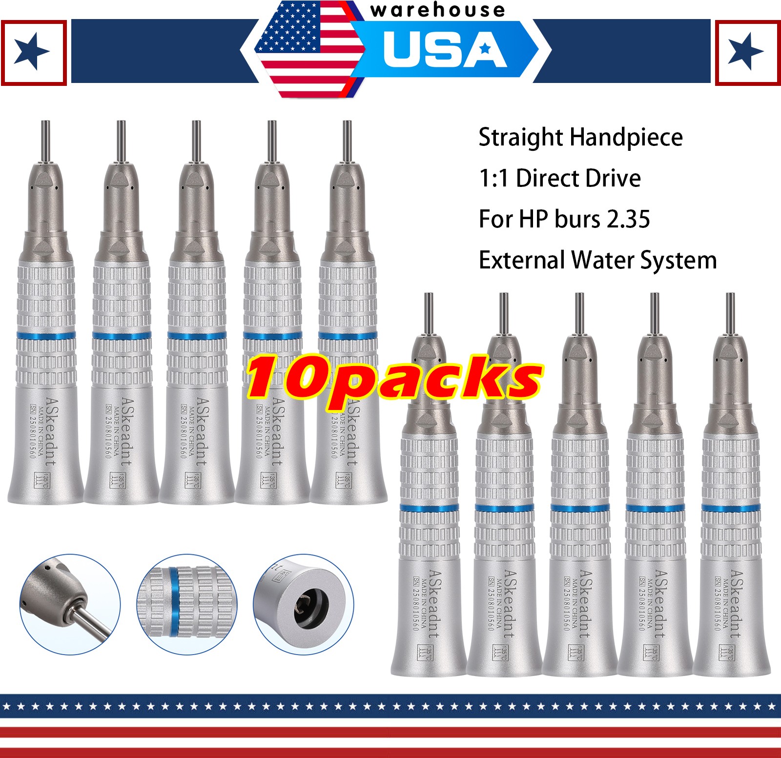 10* NSK Style Dental Slow Low Speed Straight Handpiece Nose Cone E-type ASkeadnt
