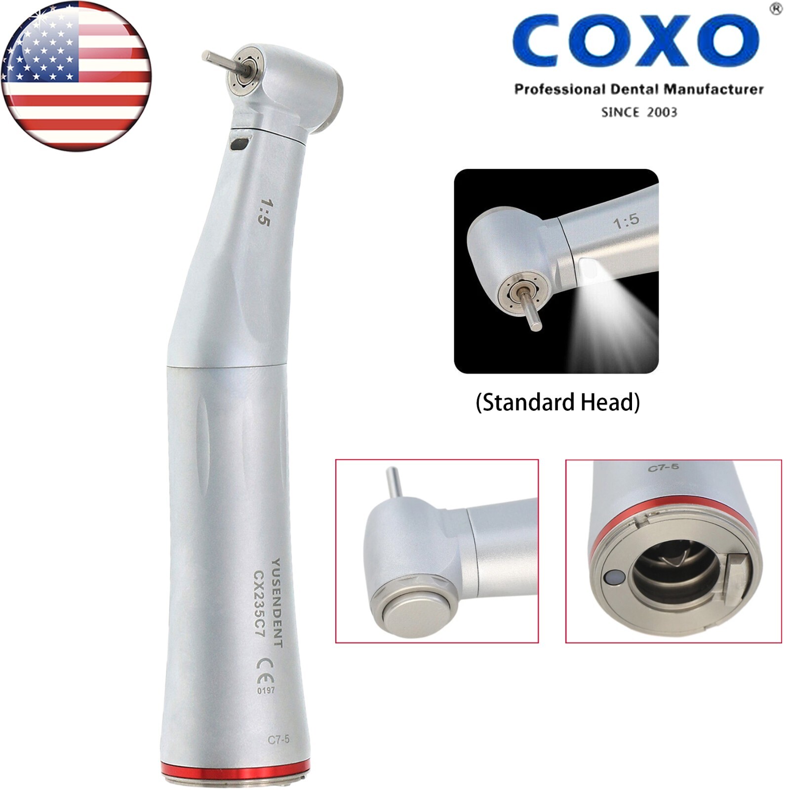 COXO Dental 1:5 Electric Handpiece Contra Angle Fiber Optic High Speed CX235C7-5
