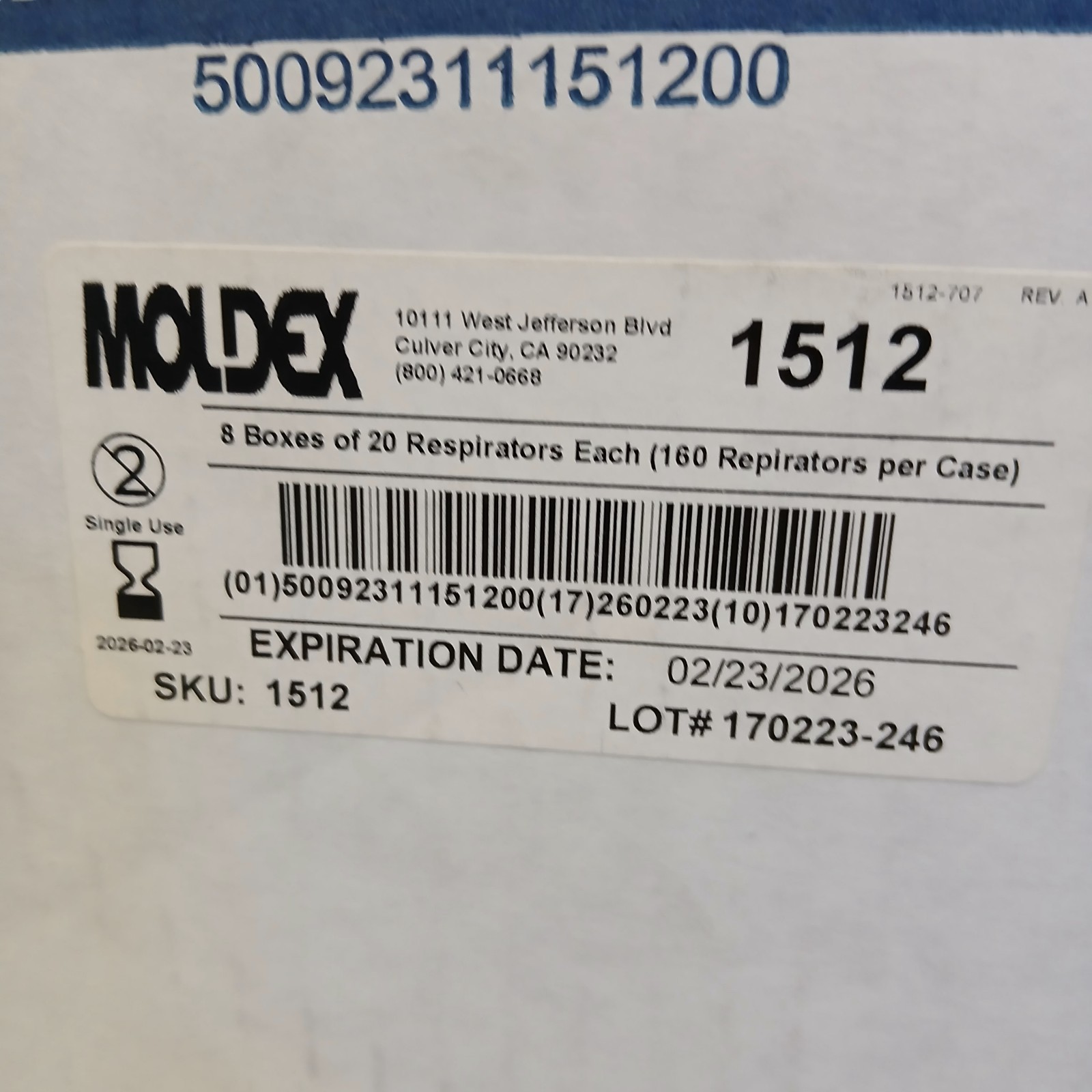 Moldex N95 Respirator surgical Masks Case of 160 # 1512 Medium Exp. Date 03/2026
