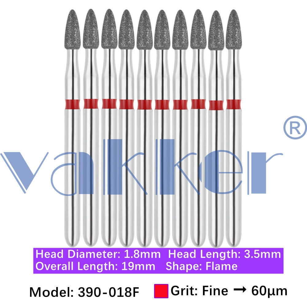10/pk Vakker Dental Flame Diamond Burs 390-018F Fine Grit FG High Speed Turbine