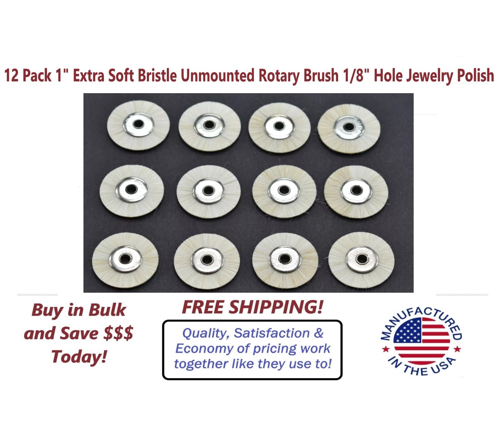 12 Pack 1″ Extra Soft Bristle Unmounted Rotary Brush 1/8″ Hole Jewelry Polish