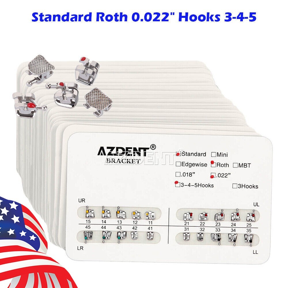 100X AZDENT Dental Orthodontic Bracket Braces Standard Roth Slot.022 Hooks 3-4-5