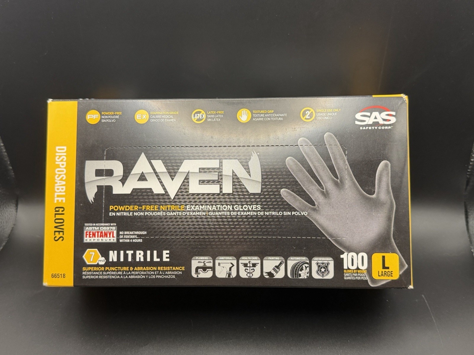 SAS Safety RAVEN Powder-Free Nitrile Exam Gloves Large 100ct 66518