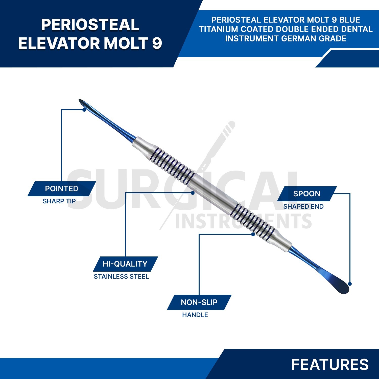 Molt Periosteal Elevator # 9 W/Blue Tips Dental Dentist Hollow Handle German Gr