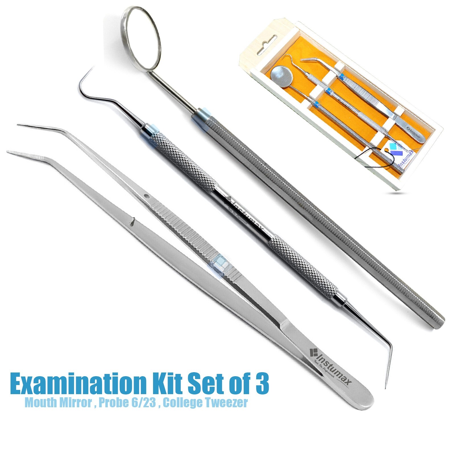 Dental Examination Kit Basic Hygiene Tweezer Mirror Explorer Cleaning Tools 3Pcs