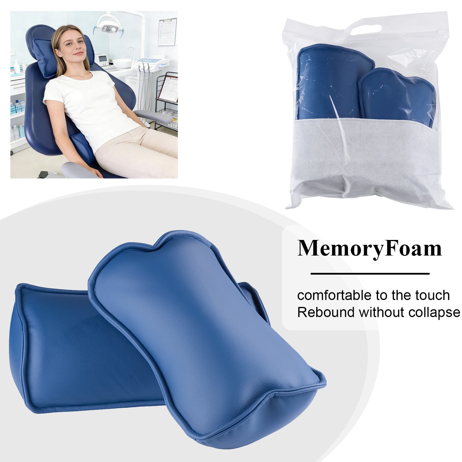 Dental Chair Neck Pillow Lumbar Cushion Memory Foam Microfiber Leather Dark Blue