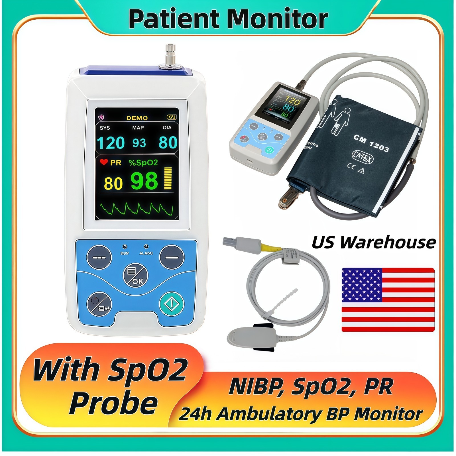 US Stock PM50 Portable Vital Signs Monitor NIBP, SpO2, PR, 24h Ambulatory BP