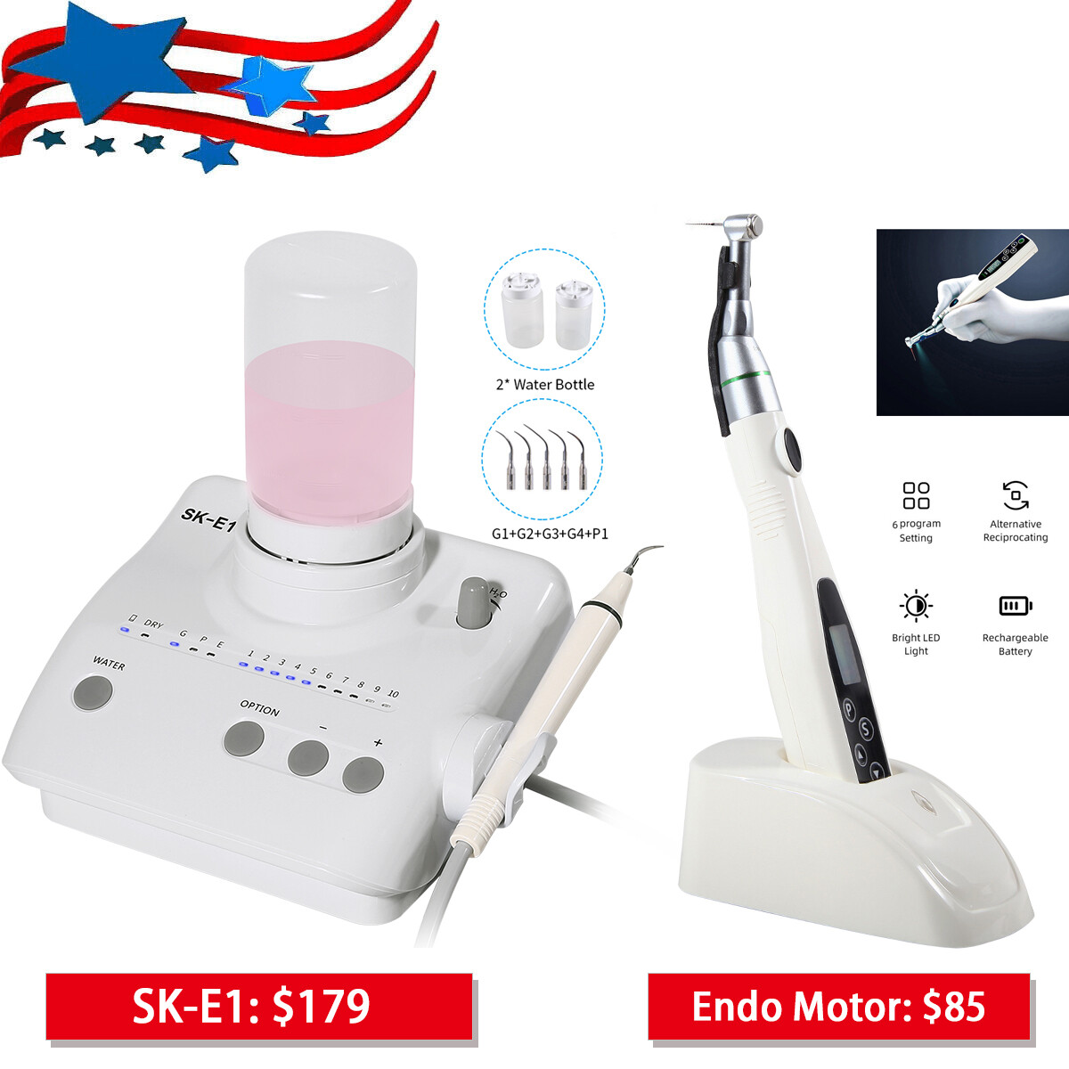 Dental Ultrasonic Scaler 2*Bottles Handpiece + LED Endo Motor 16:1 Lamp holder