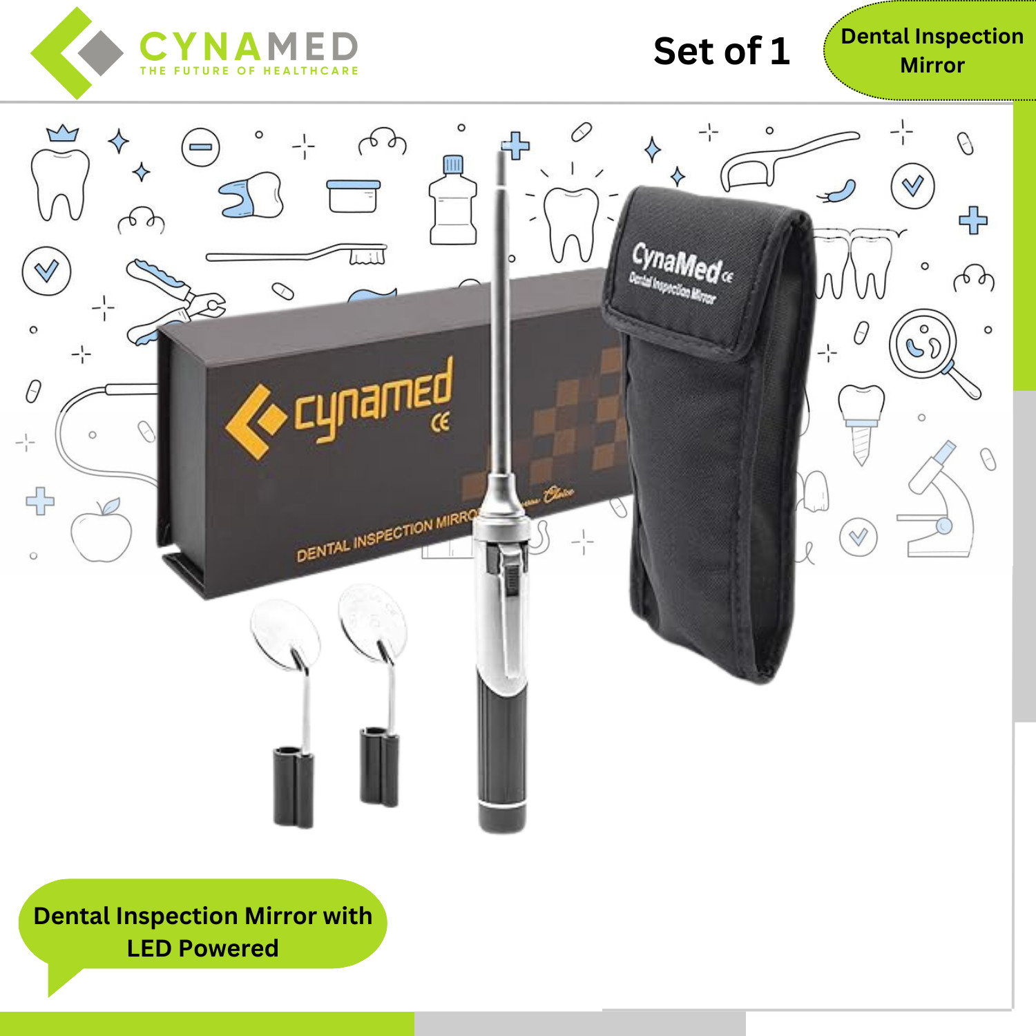 Cynamed Dental Inspection Mirror with LED Powered Illumination Teeth Inspection