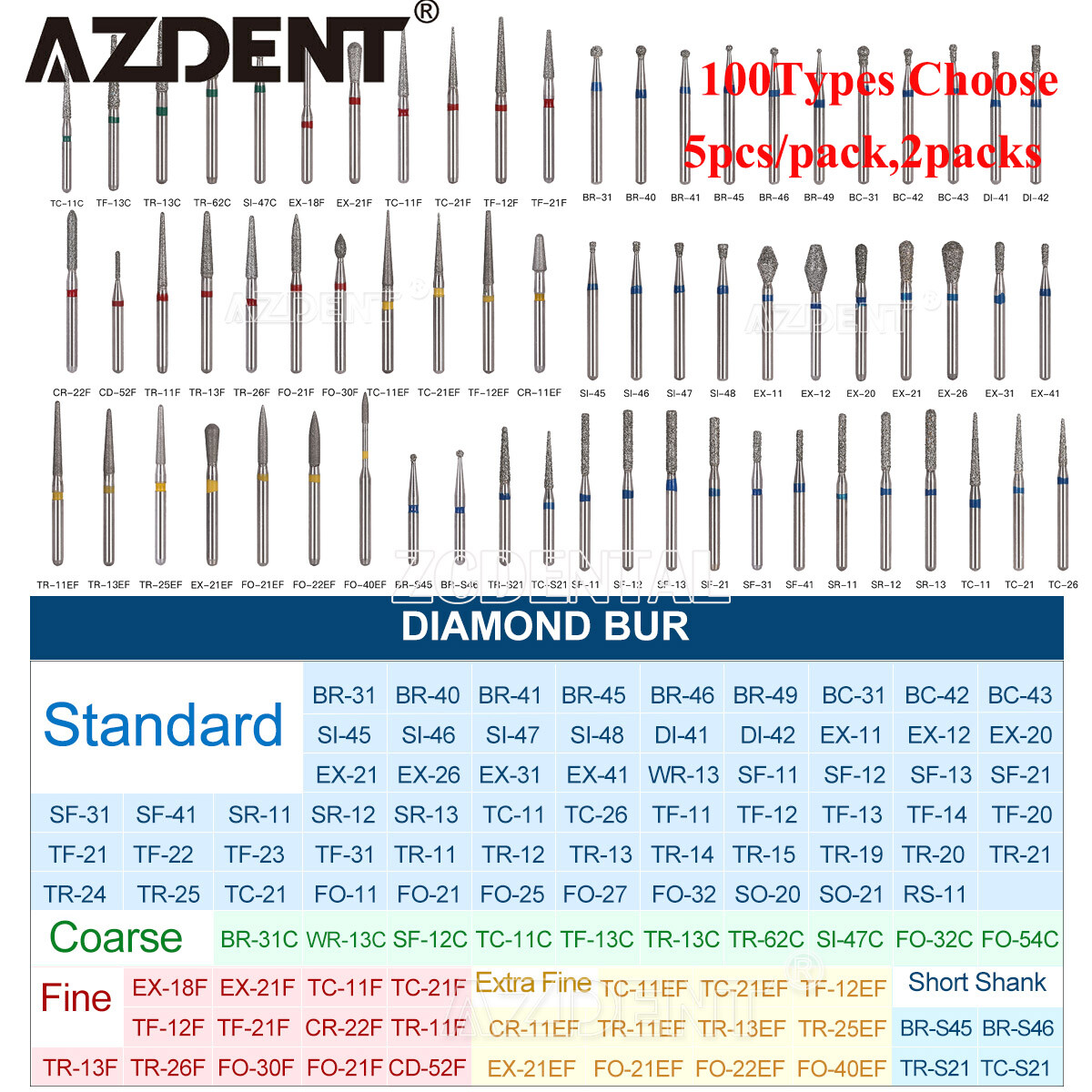 10PCS AZDENT Dental FG Diamond Burs 100Types for High Speed Turbine Handpiece