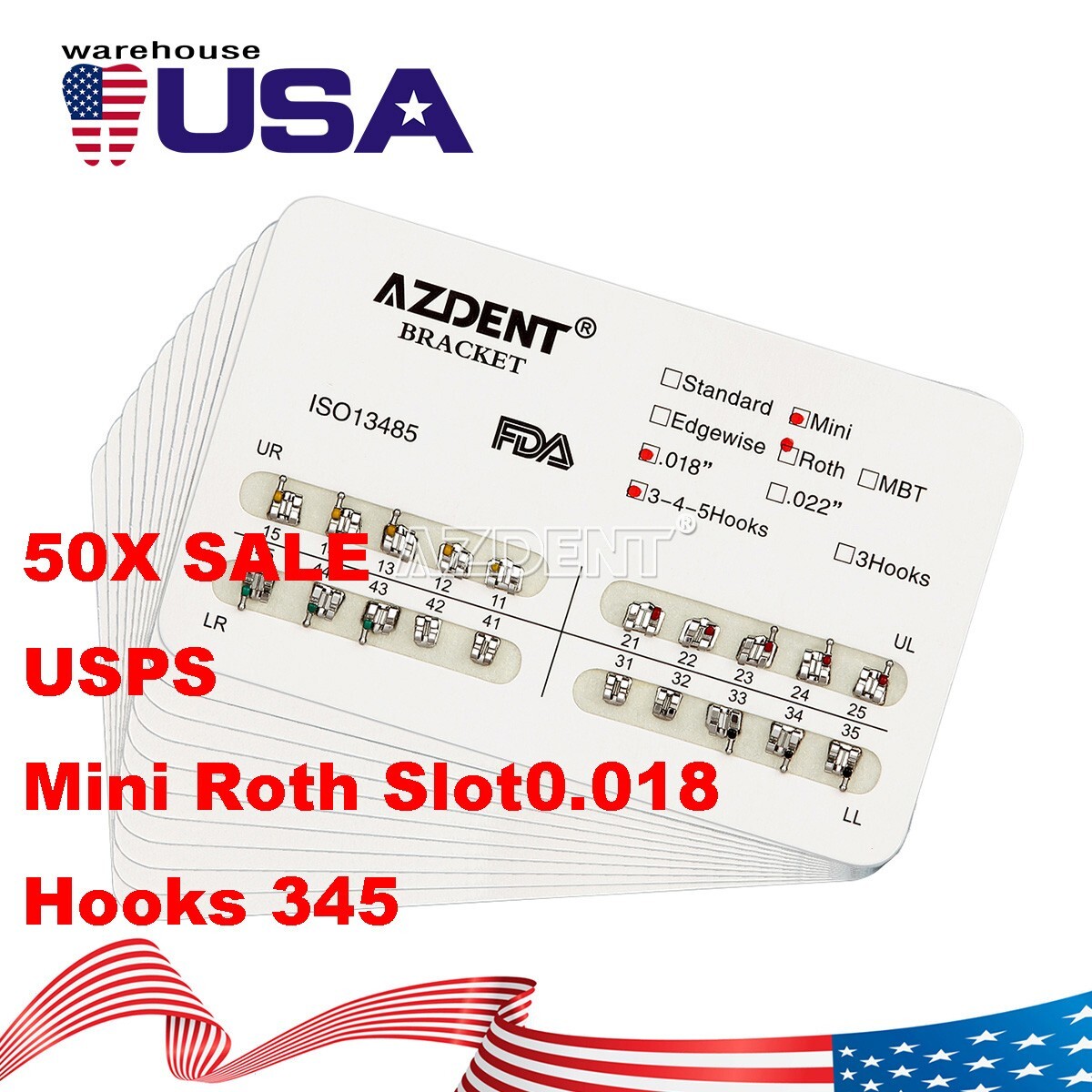 50Set Dental Orthodontic Brackets Metal Braces Mini Roth018 Hook 345 AZDENT