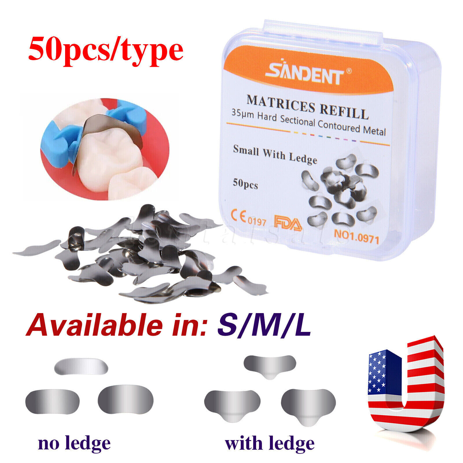 50X Dental Metal Matrices Sectional Contoured Matrix Refill soft band S/M/L[USA]