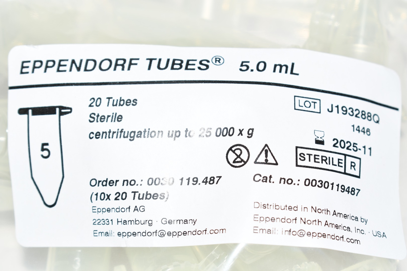 NEW Eppendorf 0030119487 Tubes Conical Tubes 5.0mL 20/ Pieces