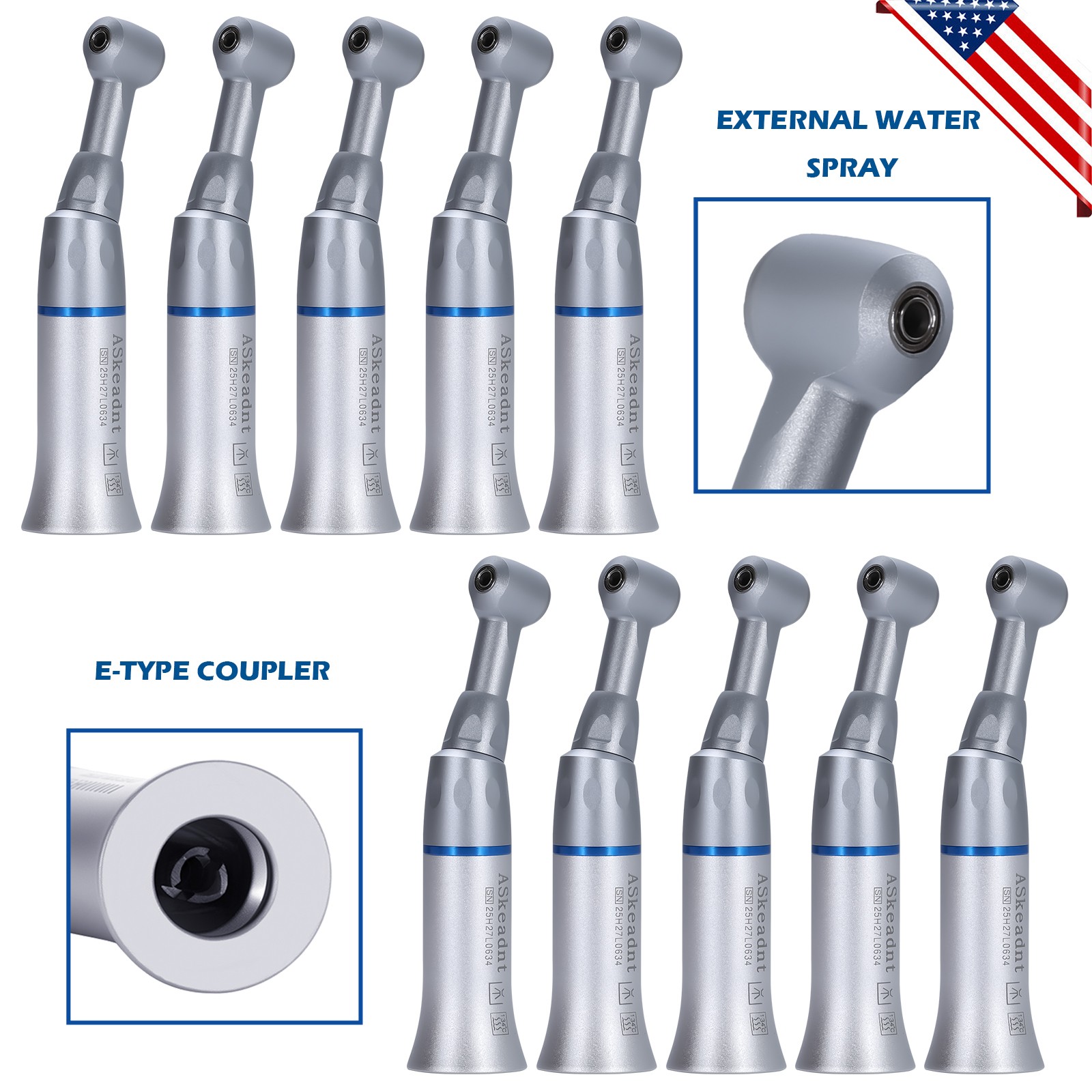 10 ASkeadnt Dental Low Speed Handpiece Contra Angle Push Button E-type Connector