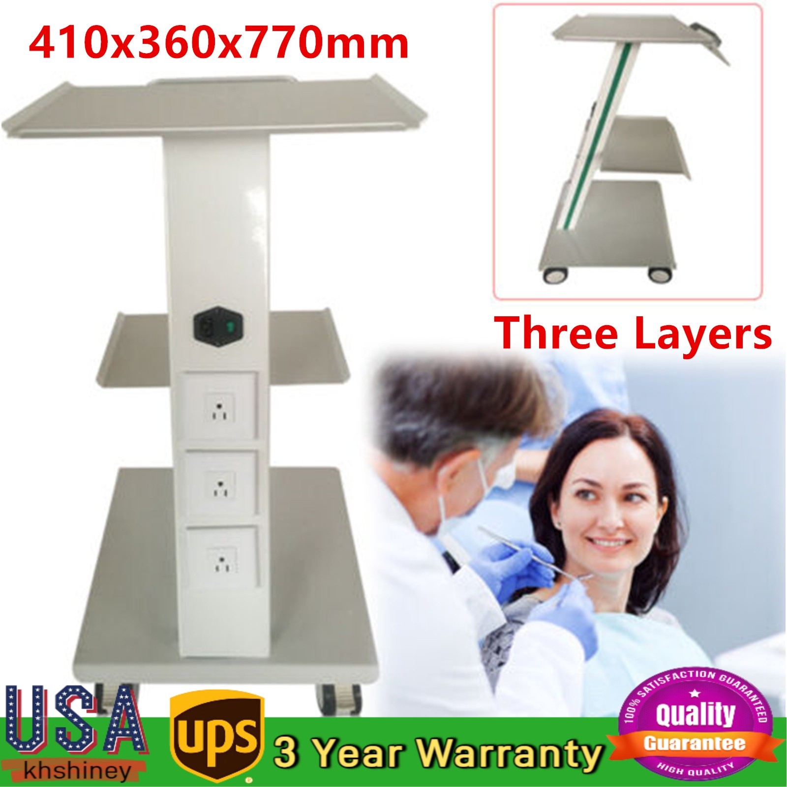 Dental Trolley Medical Cart Three Layers Practicability Trolley Stand Food Brake