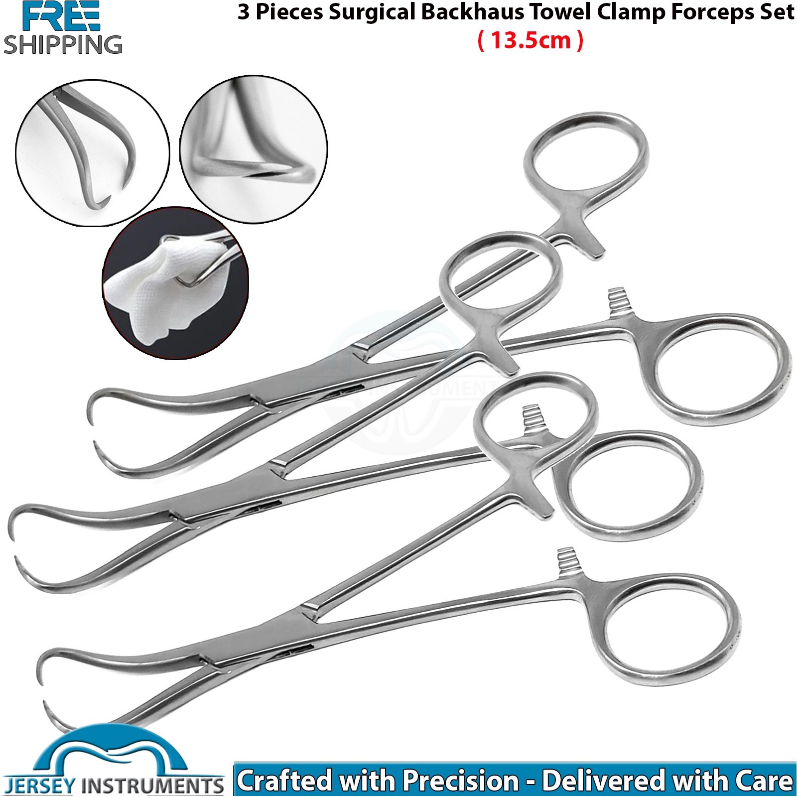 3 Pieces Backhaus Towel Clamp Forceps 13.5cm Surgical Dental Veterinary Tools CE