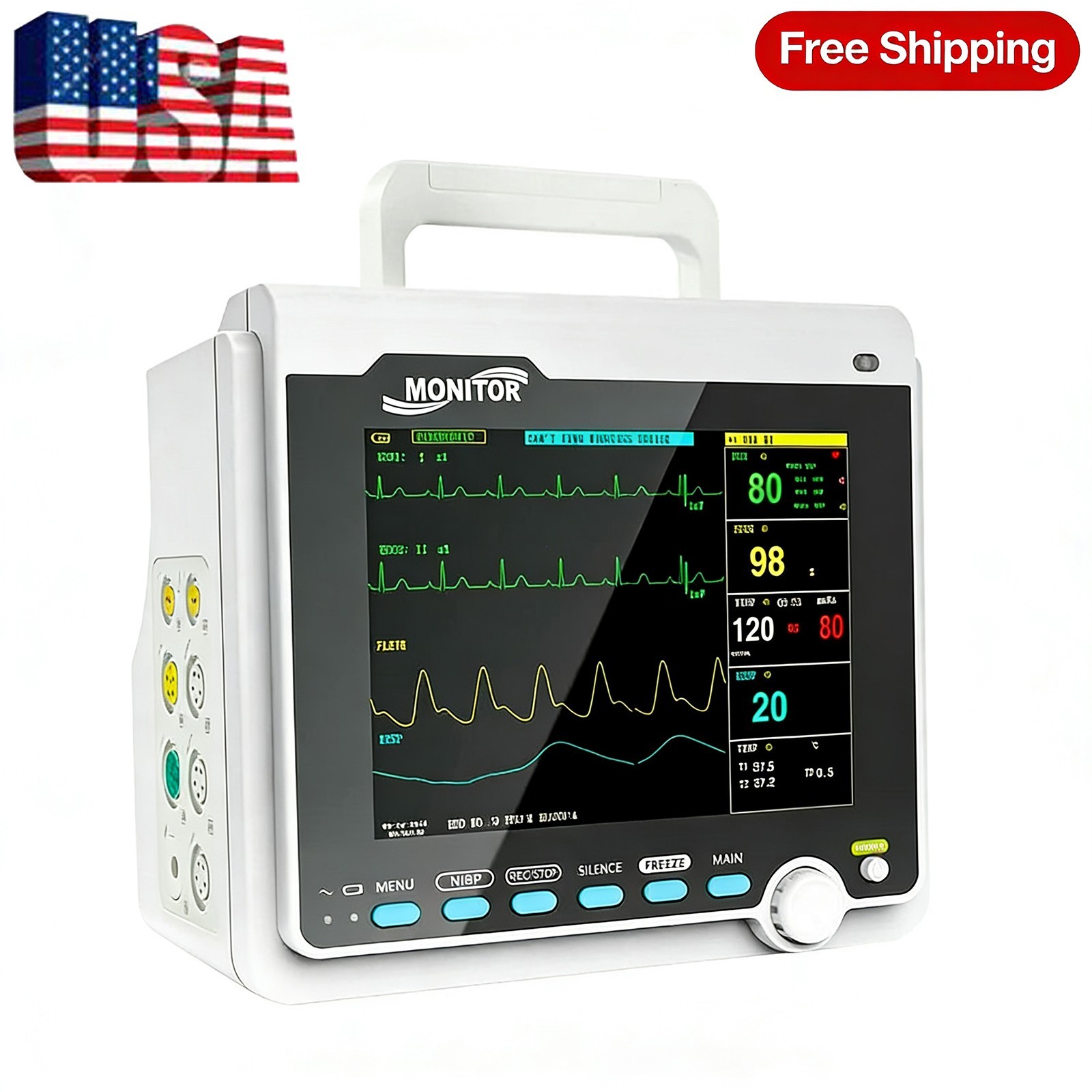 8″ Vital Signs Monitor: ECG, NIBP, SPO2, RESP, PR, TEMP – Human Patient Monitor
