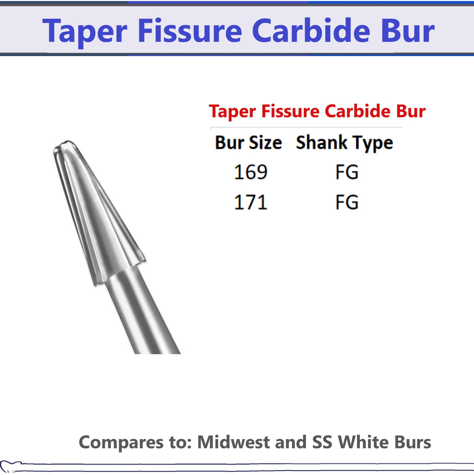 AMGoods Dental Carbide Burs FG Friction Grip Taper Fissure 169, 171 Bur Pkg/5/10