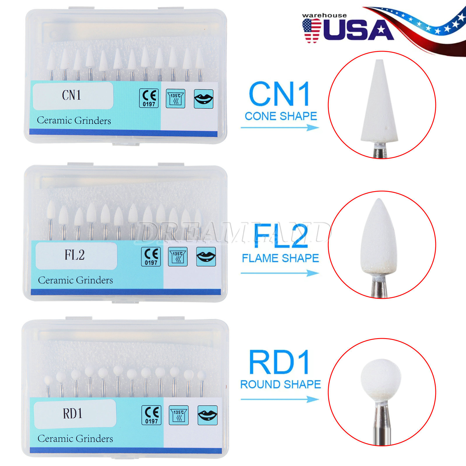 Dental White Polishing Stones Flame Cone shape FG bur Arkansas Stone FL2 CN1 RD1