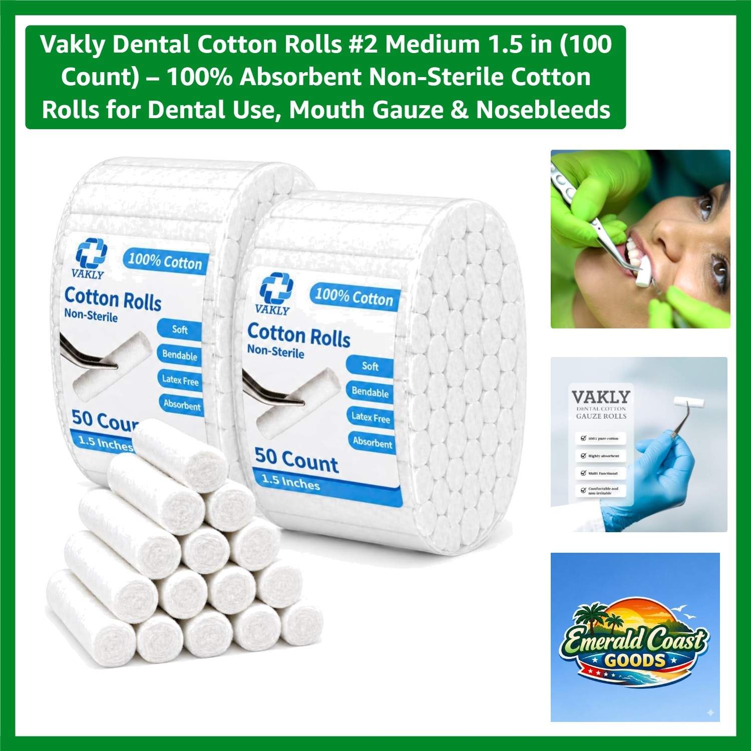 Absorbent Dental Cotton Rolls 1.5 in – 100 Count for Whitenings & Emergencies