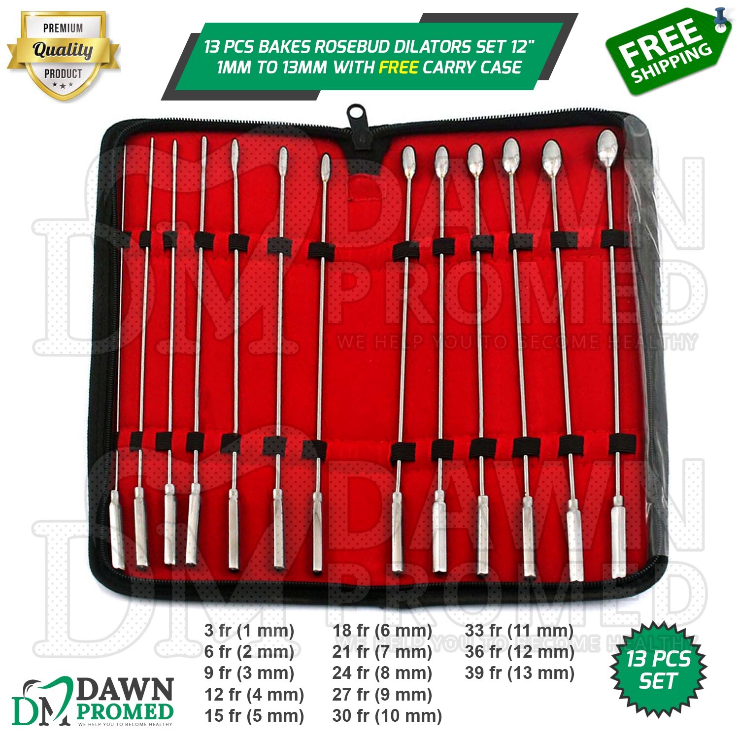 13 Pcs Bakes Rosebud Dilators Set 12″ 1MM to 13MM With FREE Carry Case German Gr